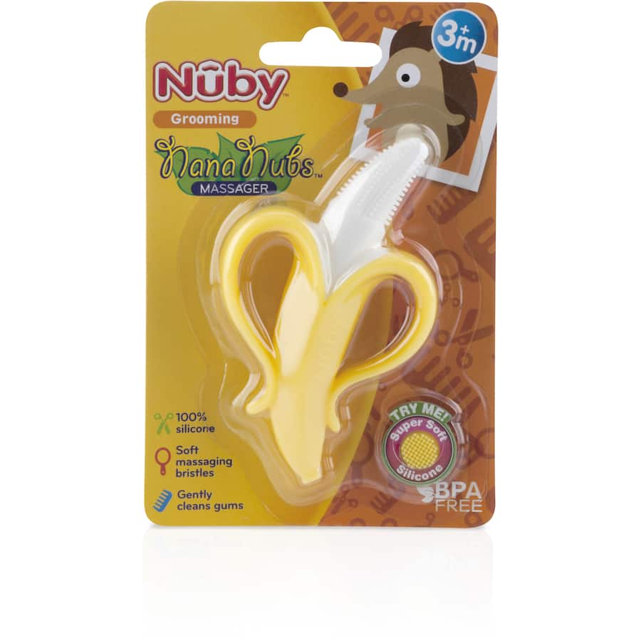 Nuby Nana Nubs Baby Toothbrush Massager, banana-shaped, soft silicone, massaging bristles for gentle cleaning and teething relief.