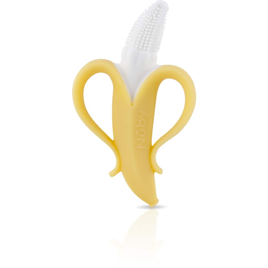 Nuby Nana Nubs Baby Toothbrush Massager featuring soft silicone, banana shape, and massaging bristles for teething relief.