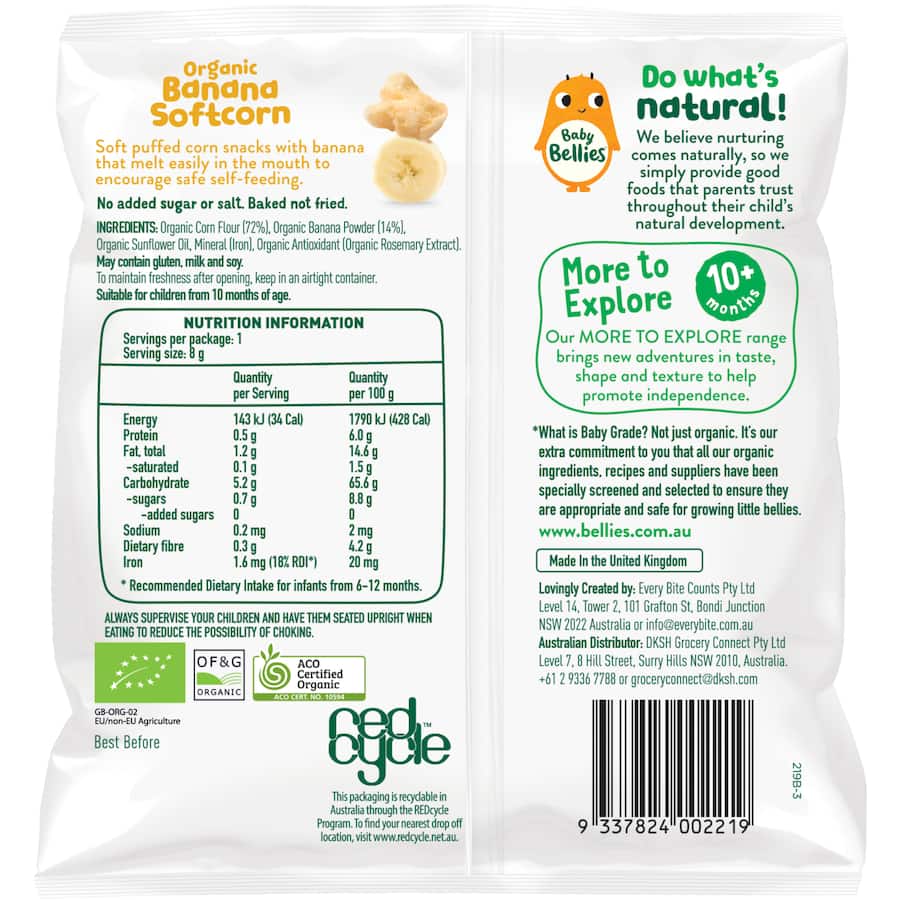 Organic Baby Bellies Banana Softcorn snacks, soft puffed corn for 10+ months, promoting safe self-feeding and sensory development.