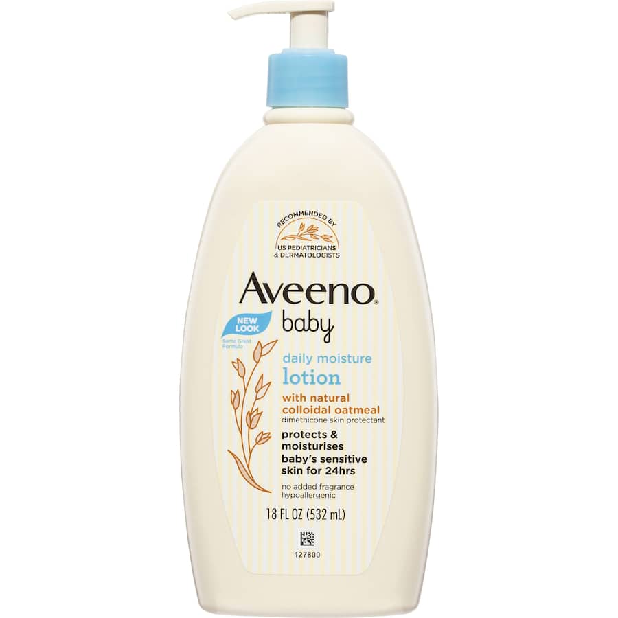 Aveeno Baby Daily Lotion in a bottle, designed for gentle hydration of sensitive baby skin with oatmeal and emollients.