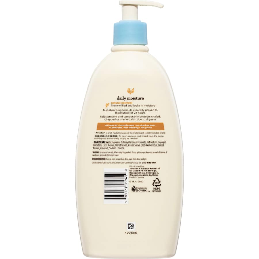 Aveeno Baby Daily Lotion, a hypoallergenic moisturizer with natural oatmeal, soothes and hydrates sensitive skin for 24 hours.