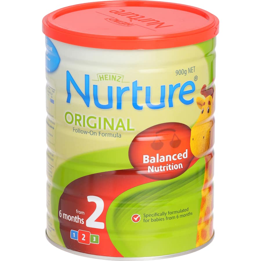 Heinz Nurture Follow On Formula Stage 2 for babies 6 months+, offering balanced nutrition and a milk protein base.