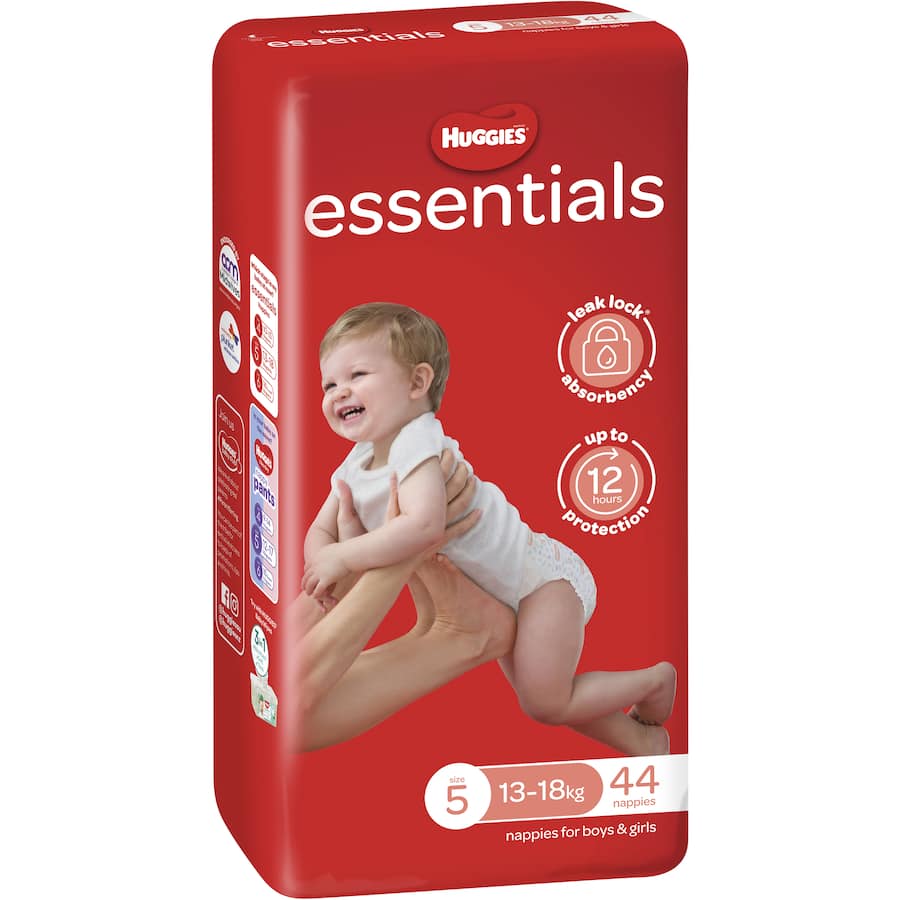 Huggies Essentials Nappies Size 5 with Mickey Mouse designs offer 12-hour leak protection and super soft, stretchy comfort.