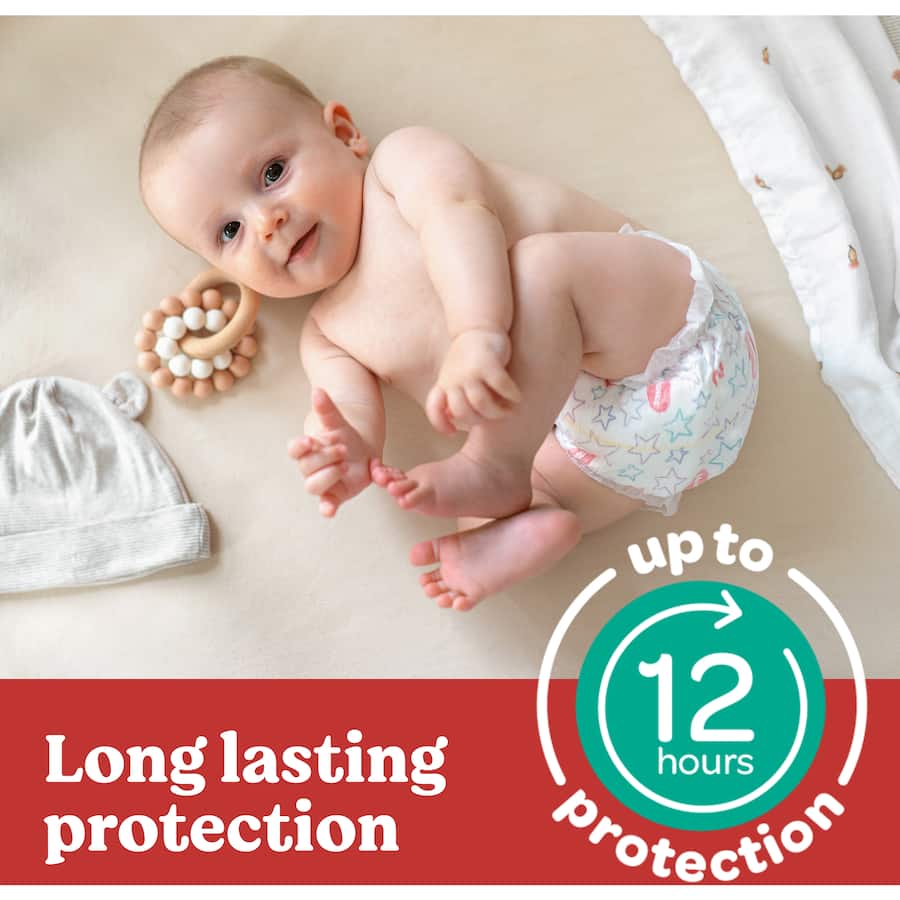 Huggies Essentials Size 5 Nappies for active toddlers, featuring Mickey designs, leak protection, and wetness indicator.