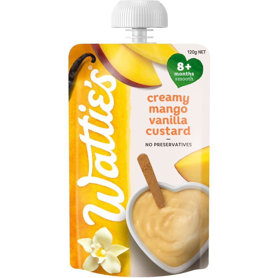 Wattie's Mango Vanilla Custard in a pouch, a smooth and creamy dessert for babies 8+ months, no artificial additives.