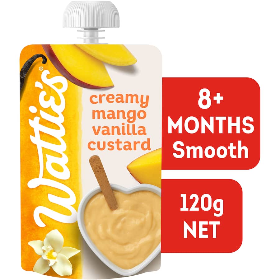Wattie's Baby Food 8+ Months Mango Vanilla Custard pouch, smooth creamy dessert with mango and vanilla, no additives.