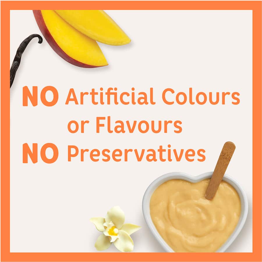 Wattie's Mango Vanilla Custard pouch for babies 8+ months, creamy treat with no artificial additives, serve warm or cold.