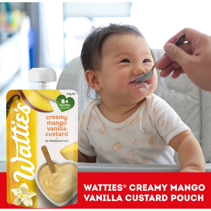 Wattie's Mango Vanilla Custard for 8+ months, a creamy dessert with no artificial ingredients, served warm or cold.