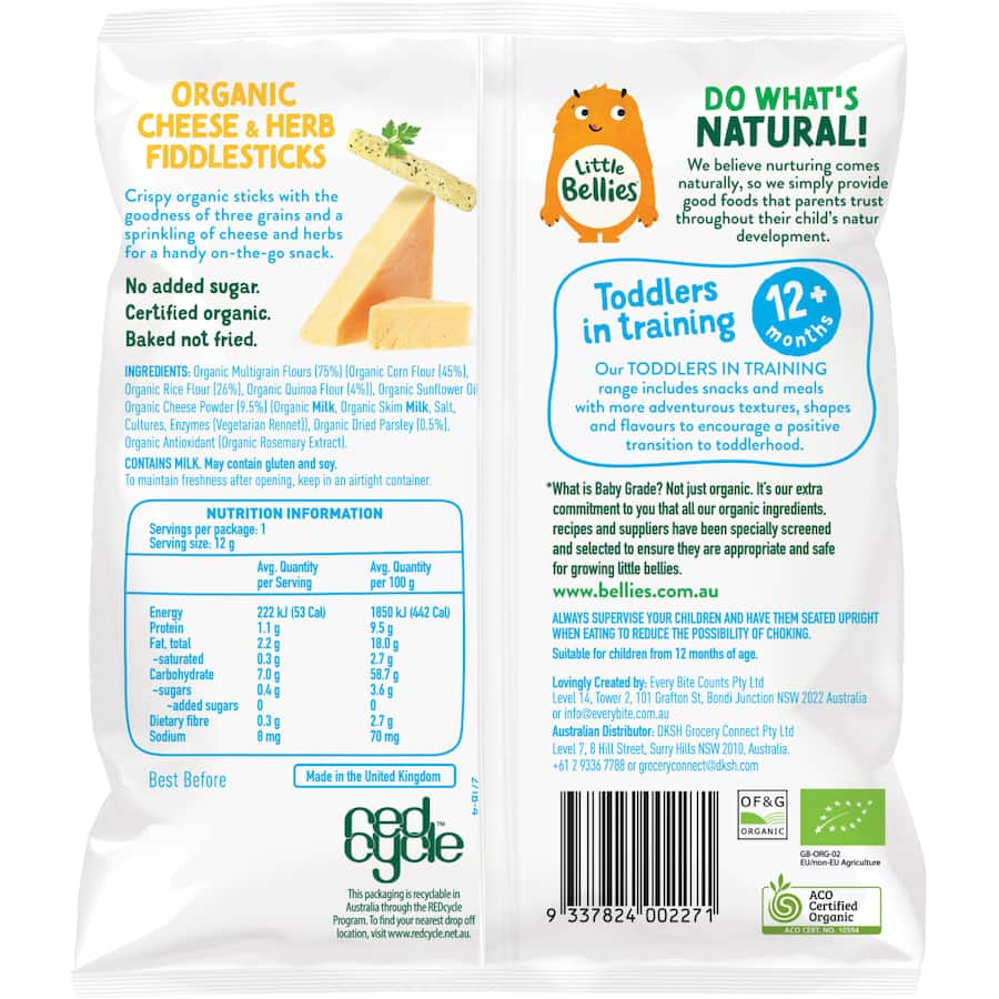 Little Bellies Organic Baby Snacks Cheese & Herb Fiddlesticks 12g