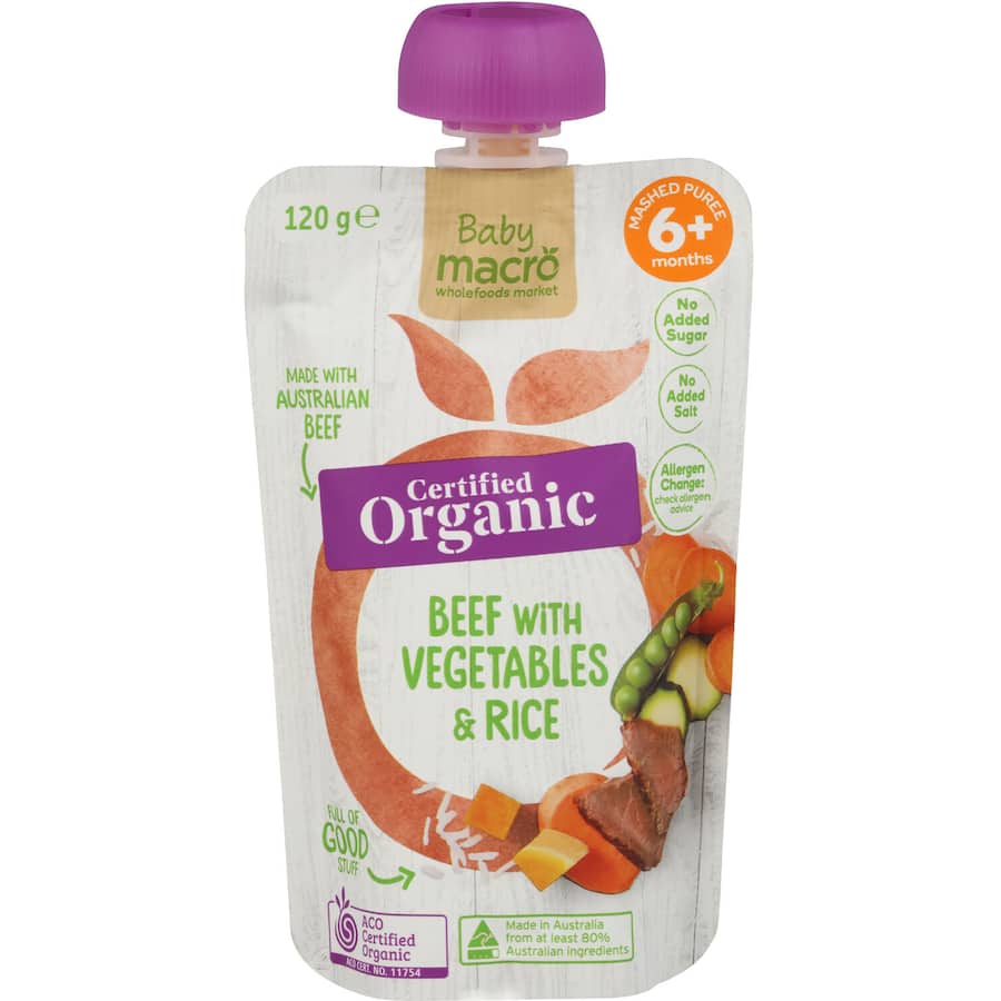 Organic beef baby food with vegetables and rice, perfect for babies 6+ months, promoting healthy growth and development.