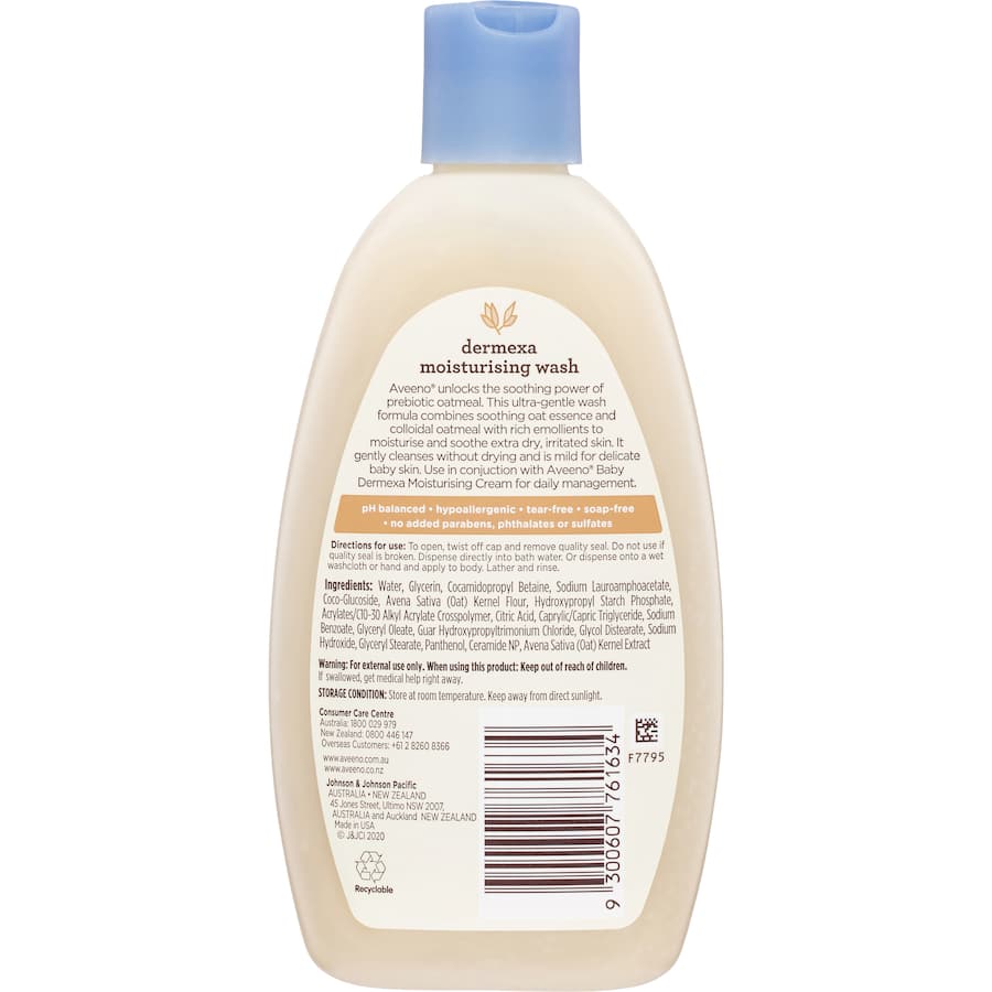 Aveeno Dermexa Baby Body Wash gently cleanses while nourishing and soothing extra dry, eczema-prone skin with natural oatmeal.