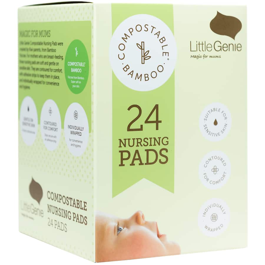 Compostable bamboo nursing pads designed for comfort, with a gentle feel and secure adhesive tabs for breastfeeding moms.
