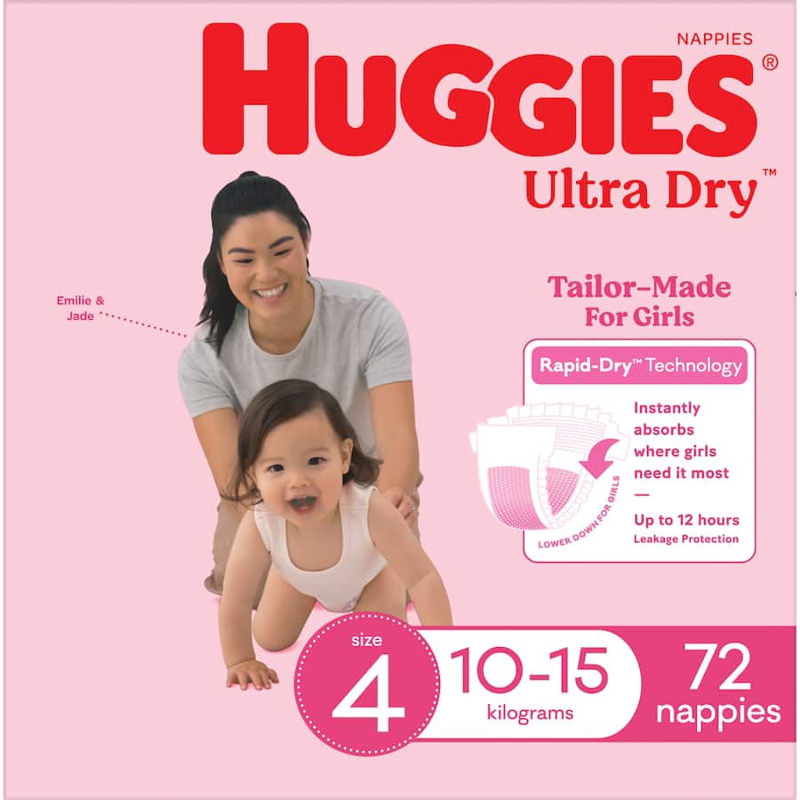 Huggies Ultra Dry Nappies for girls Size 4, designed for comfort, dryness, and protection, featuring a fun Minnie Mouse design.