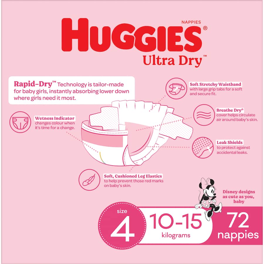 Huggies Ultra Dry Nappies Size 4 for girls, featuring a snug fit, moisture-absorbing layer, and Minnie Mouse designs.