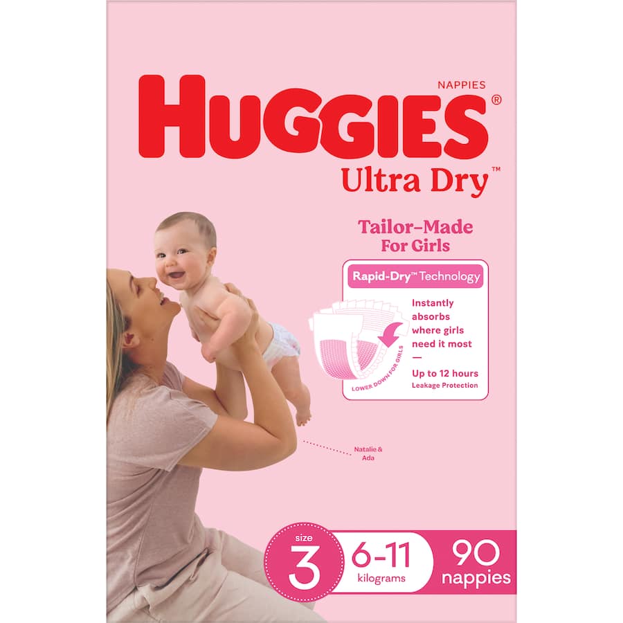 Huggies Ultra Dry Nappies Girls Size 3 (6-11kg) Jumbo pack 90pack