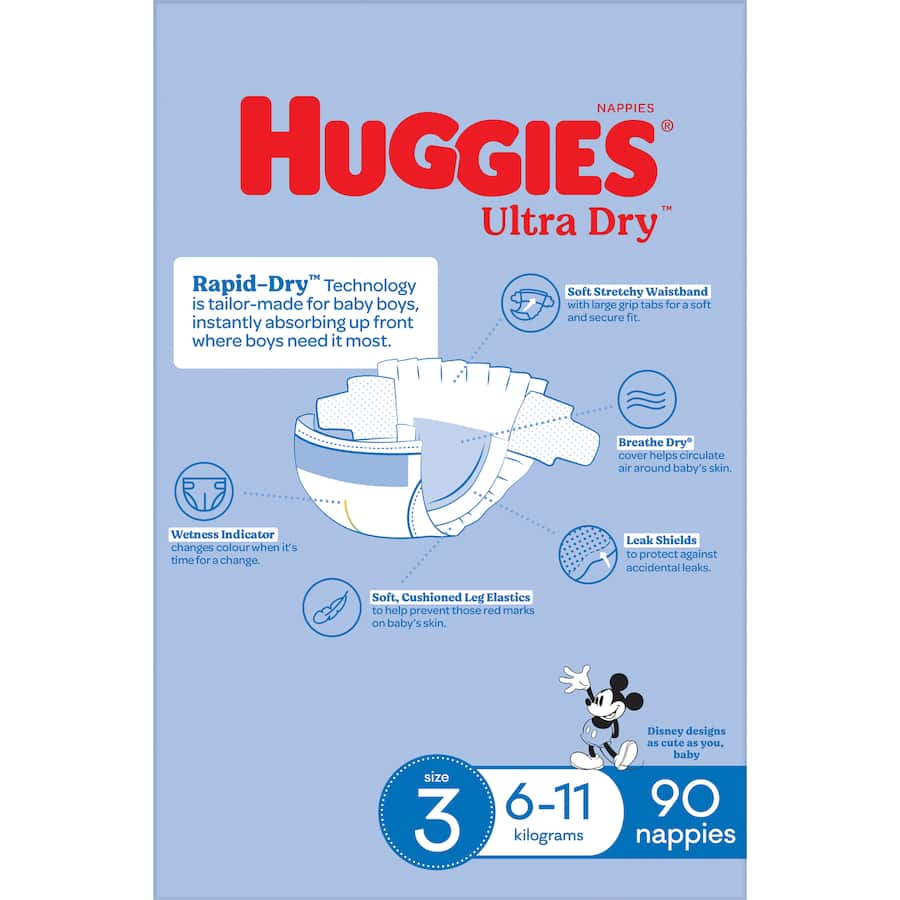 Huggies Ultra Dry Nappies Boys Size 3 (6-11kg) Jumbo pack 90pack