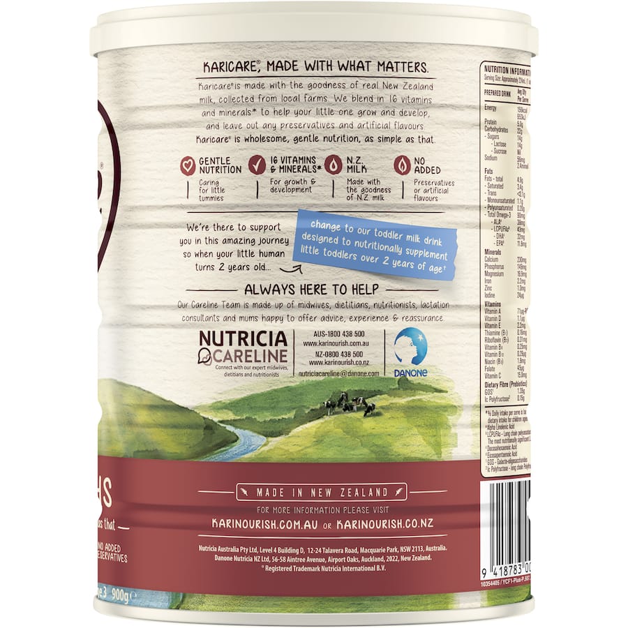 Karicare 3 Toddler Milk Drink, enriched with iron and vitamins for toddlers over 12 months, supports healthy growth and development.