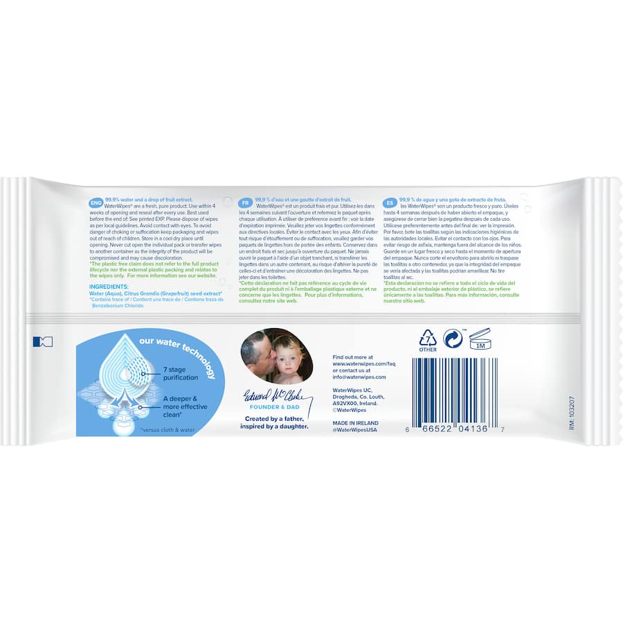 Biodegradable baby wipes made with 99.9% purified water, gentle for sensitive skin and recommended by midwives.