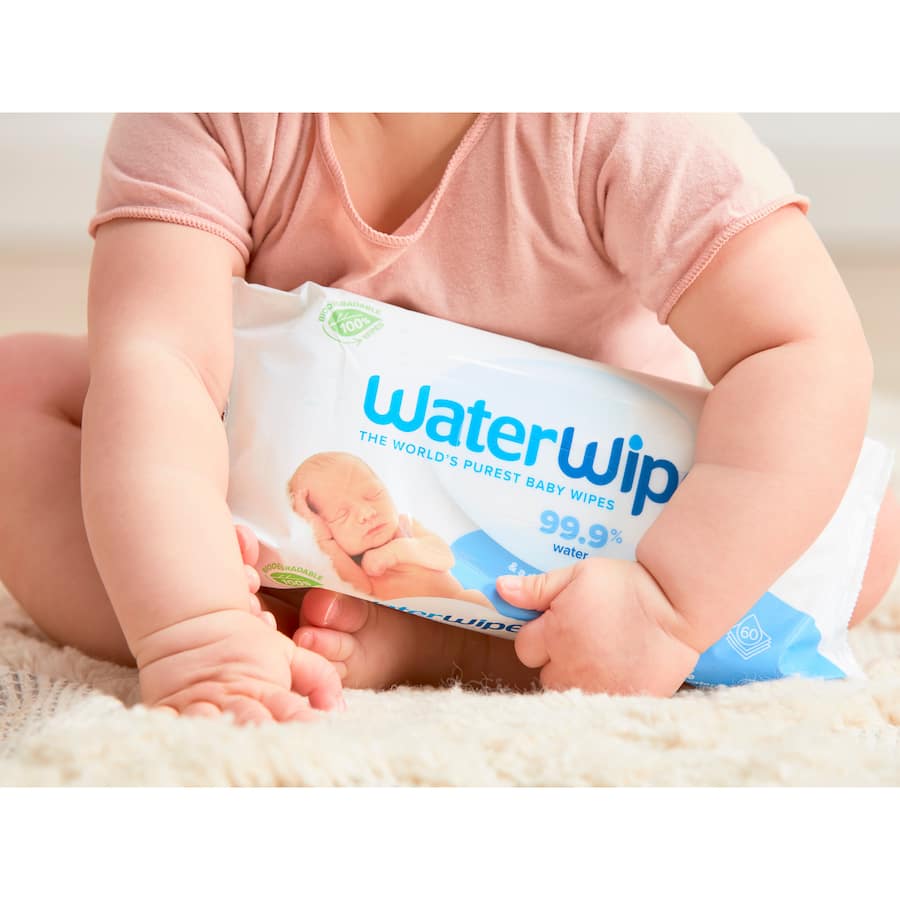 WaterWipes Biodegradable baby wipes with 99.9% purified water, eco-friendly, fragrance-free, perfect for sensitive skin.