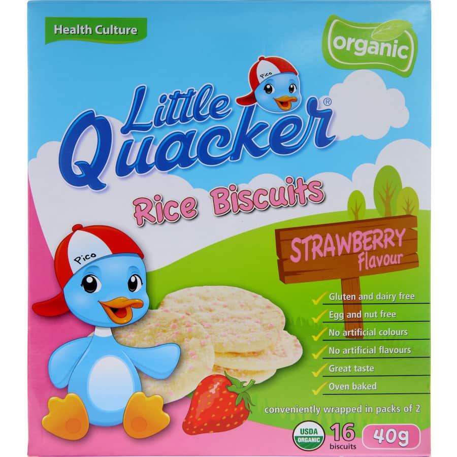 Crunchy Little Quacker organic strawberry rice biscuits, gluten-free, egg and nut-free, perfect healthy snack for toddlers.