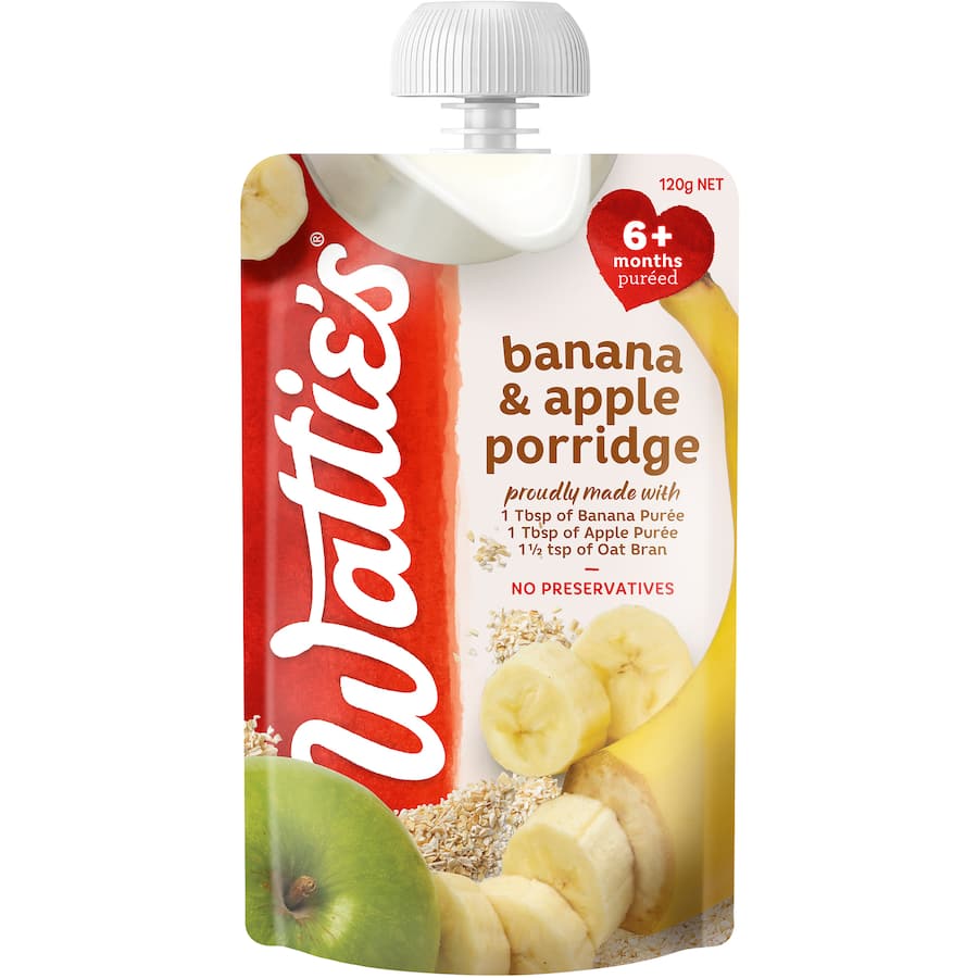 Wattie's Banana & Apple Porridge for babies 6+ months, made with fruit purées and oat bran, no additives or sugars.