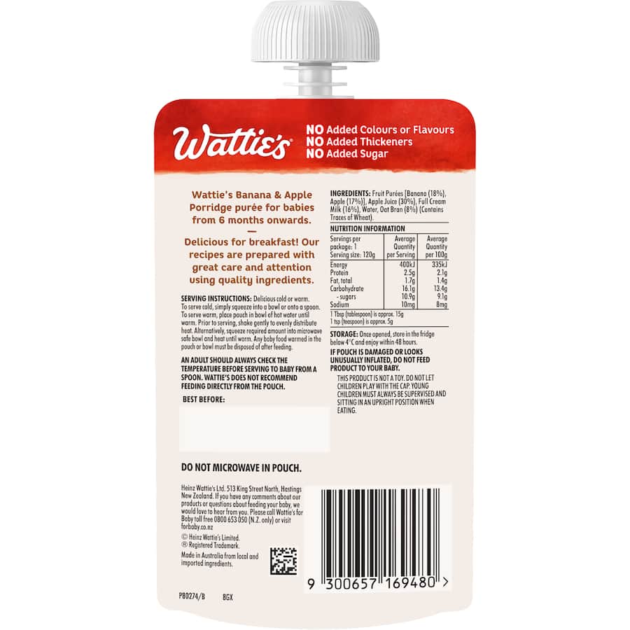 Wattie's Banana & Apple Porridge for babies 6+ months, made with natural fruit purées, oat bran, and milk, no additives.