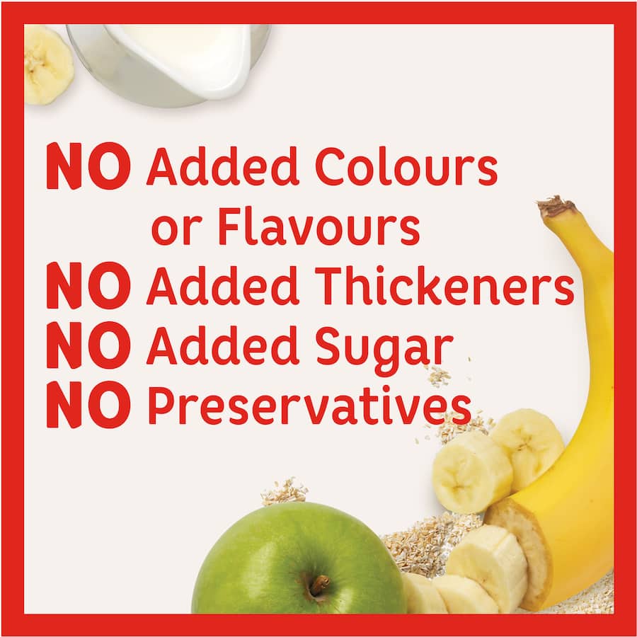 Wattie's Banana & Apple Porridge for babies 6+ months, featuring pure fruit, oat bran, and milk, no additives or sugars.