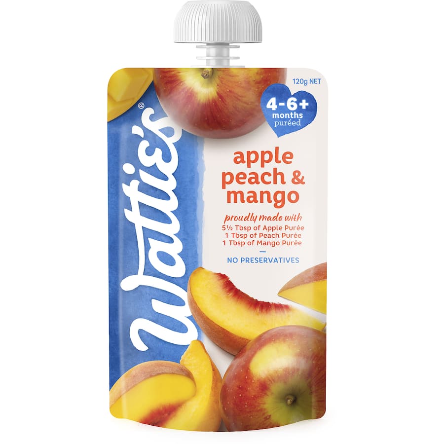 Smooth fruit purée for babies 4-6 months, featuring apple, peach & mango with no preservatives or added sugars.