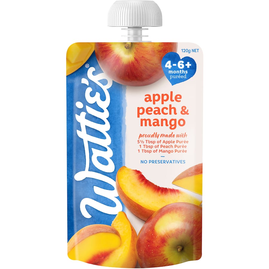 Wattie's baby food blend of apple, peach & mango for infants 4-6 months, without preservatives or added sugar.