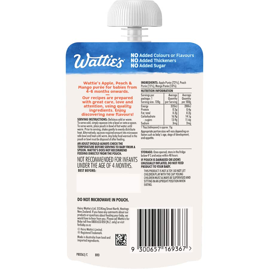 Wattie's Baby Food Apple, Peach & Mango purée for 4-6+ months, made from real fruit, no preservatives, perfect for weaning.