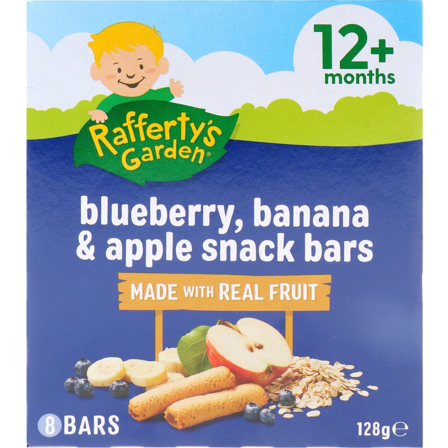 Soft and chewy blueberry, banana, and apple bars for toddlers, free from artificial additives and individually wrapped for freshness.