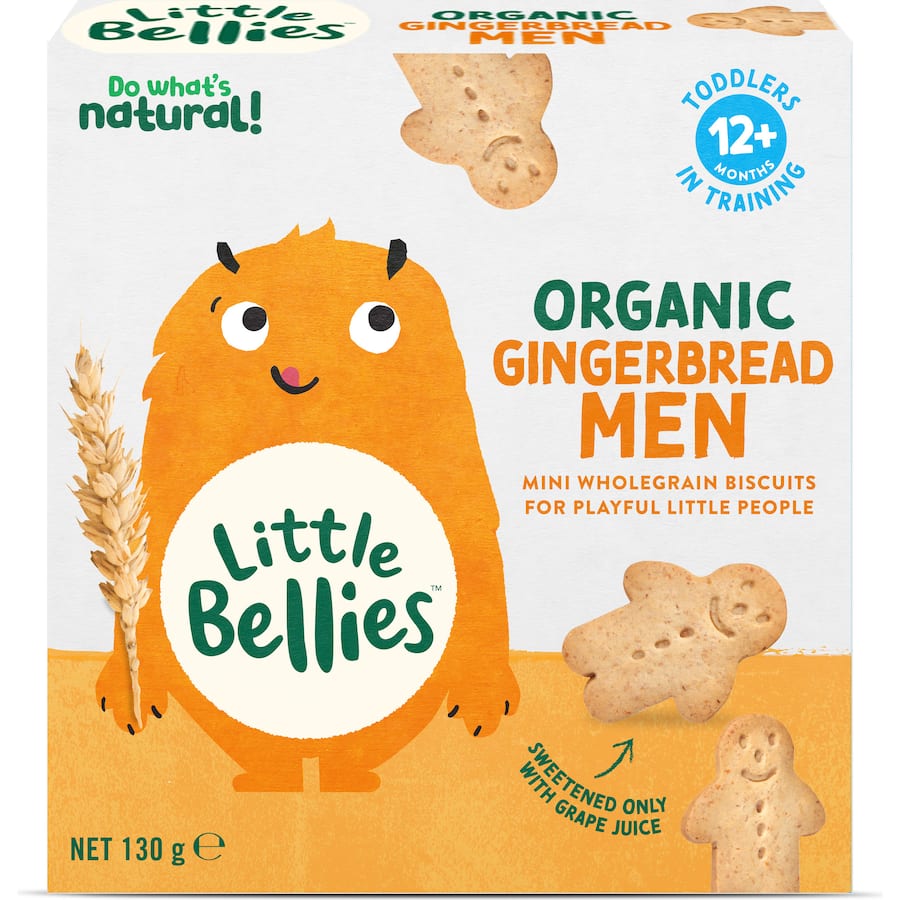 A box of Little Bellies Organic Gingerbread Men Biscuits, perfect for toddlers with a crispy texture and naturally sweetened taste.