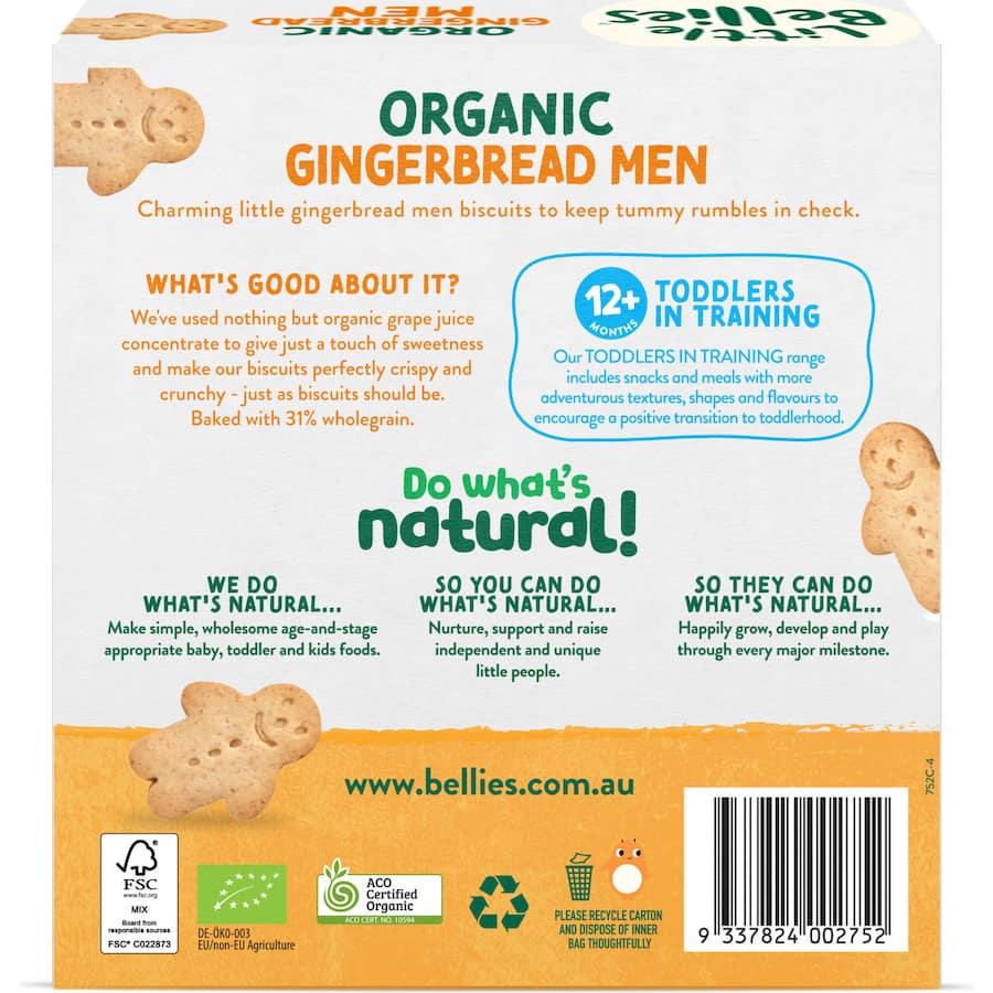 Little Bellies organic gingerbread men biscuits, perfect crunchy snacks for toddlers aged 12 months and up, sweetened with grape juice.