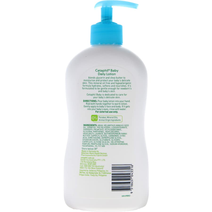 Cetaphil Baby Lotion Daily: lightweight, hypoallergenic lotion with glycerin and shea butter for soft, nourished baby skin.