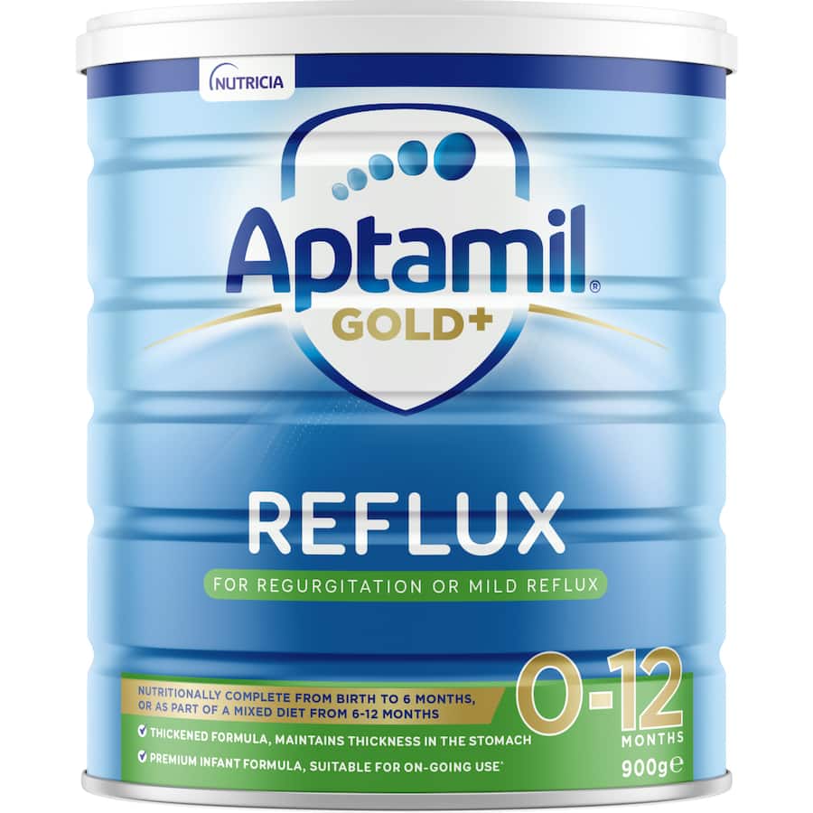 Aptamil Gold+ Reflux infant formula in a 900g tin, designed to reduce regurgitation and support babies up to 12 months.