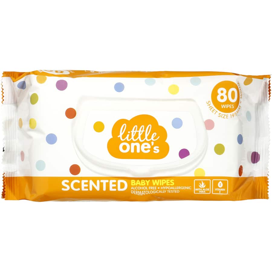 Scented baby wipes with aloe vera, vitamin E, and chamomile, safe for sensitive skin, perfect for clean-ups at home or on-the-go.
