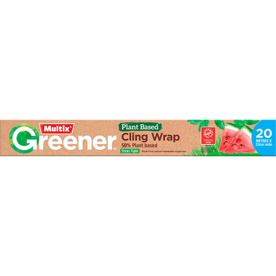 Eco-friendly Multix Greener Cling Wrap made from plants, ideal for fresh food storage and sustainable kitchen practices.