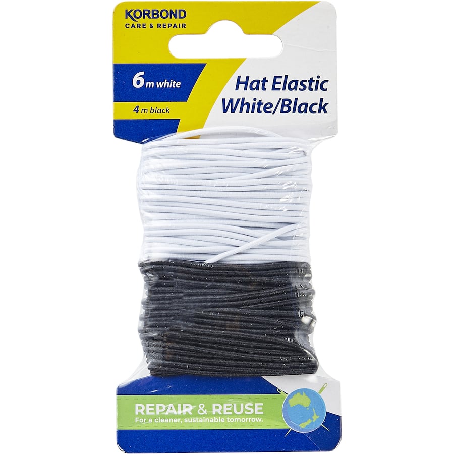 Korbond Hat Elastic in white (6m) and black (4m), ideal for comfortable, durable hat making and craft projects.