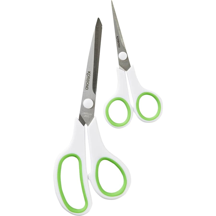 Korbond Soft Touch Scissors in 13cm and 22cm, featuring ergonomic handles and sharp stainless steel blades for precise cutting.