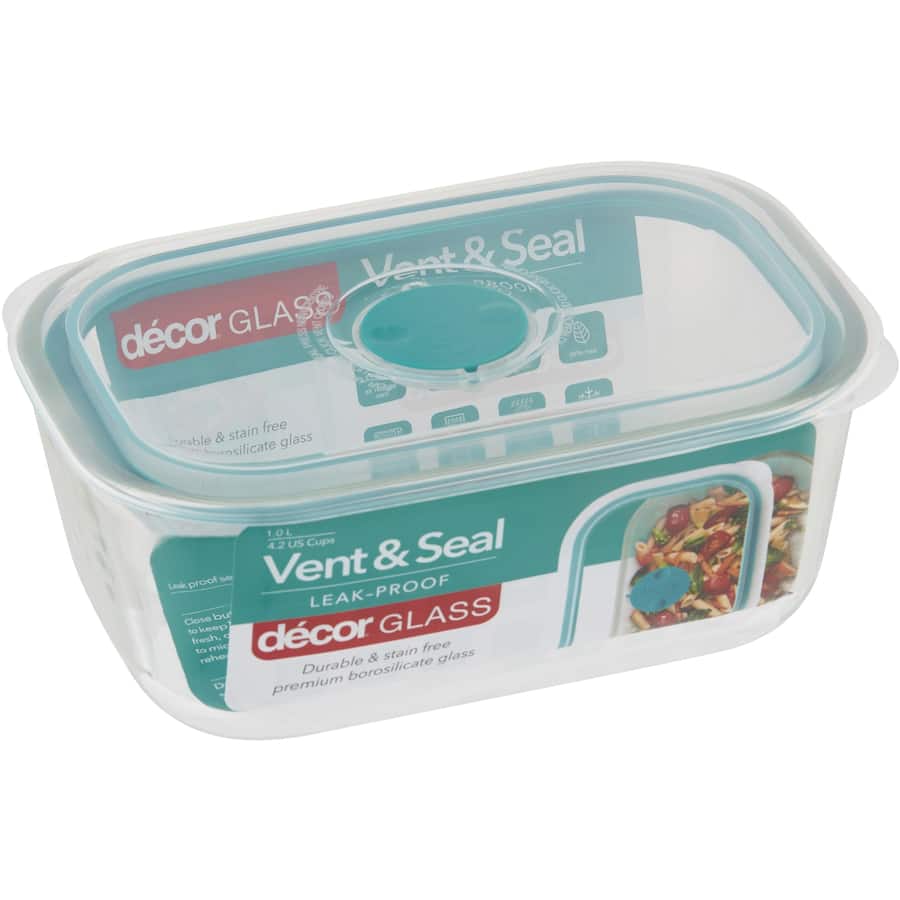 Decor Glass Container Vent & Seal Oblong: premium borosilicate glass, airtight seal, microwave vent, and eco-friendly food storage.
