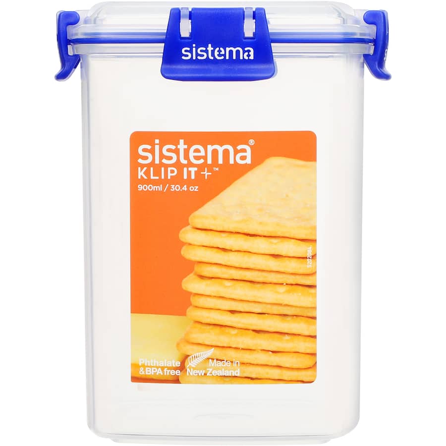 Medium cracker container with easy-locking clips, flexible seal, and stackable design for fresh snack storage.