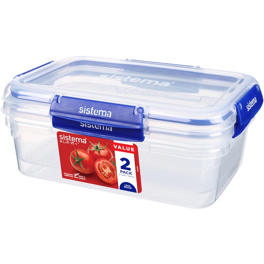 Sistema Klip It Plus 2.2L containers in clear design with easy-lock clips for food storage, nesting, and freshness in the kitchen.
