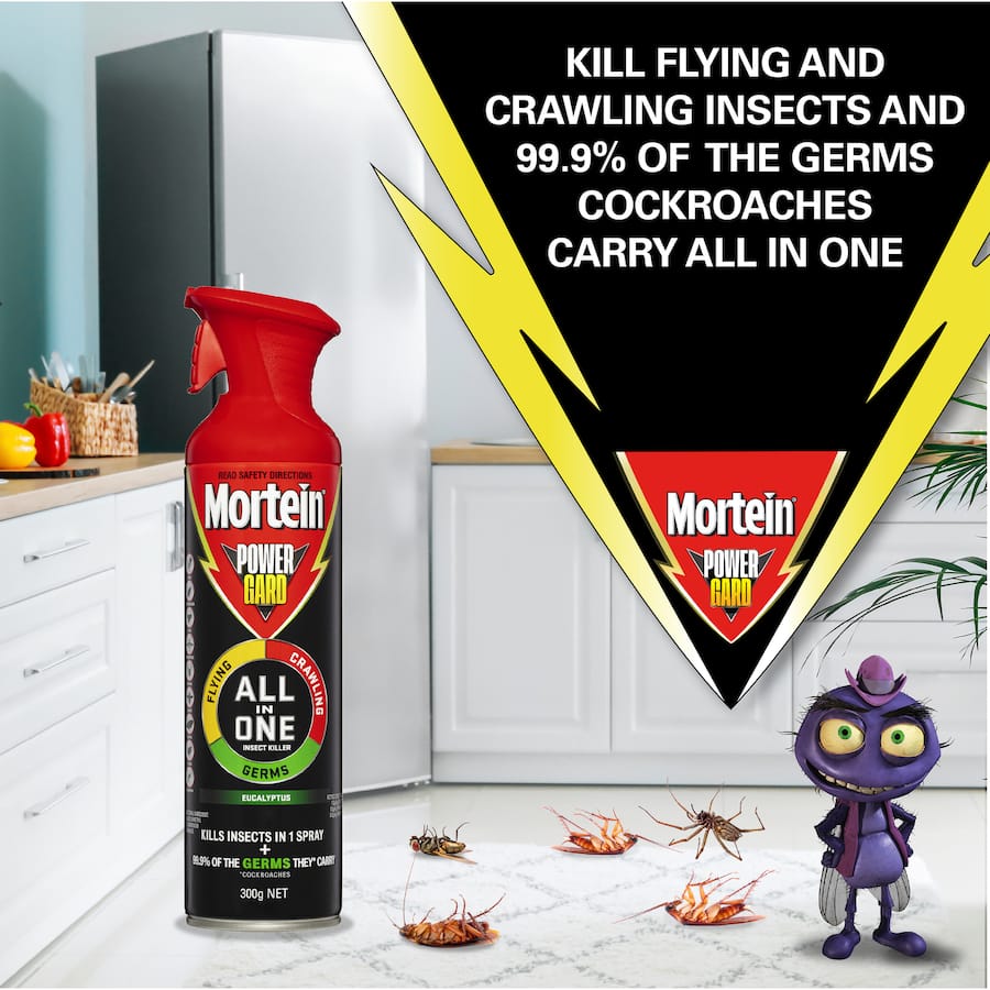Mortein Powerguard All In One insect spray with eucalyptus kills various pests quickly and eliminates germs they carry.
