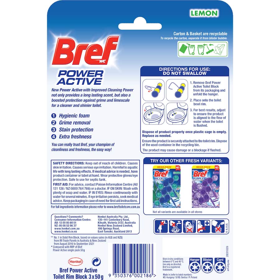 Bref Power Active Toilet Flush Rim Block in Juicy Lemon, showcasing bright design and effective cleaning with refreshing lemon scent.