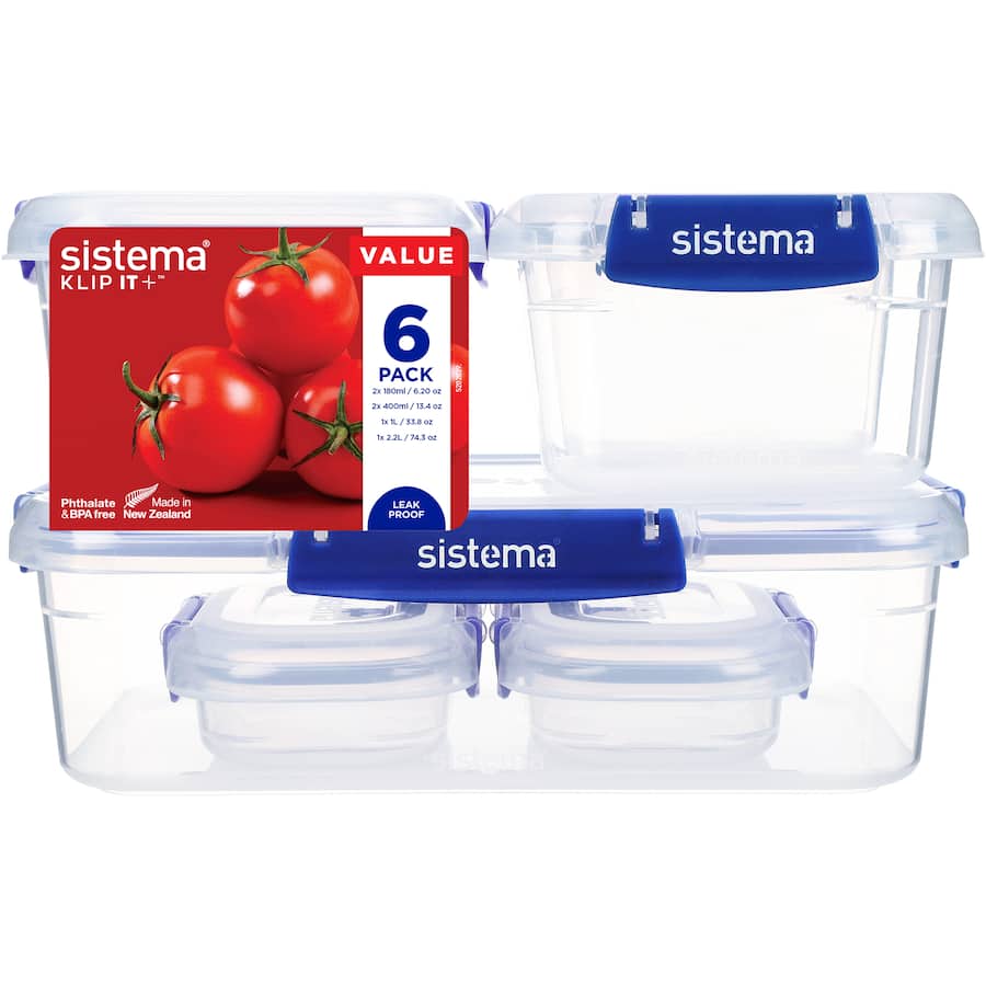 Sistema Klip It Plus Container Set, versatile food storage containers in various sizes with leak-proof seals and stackable design.