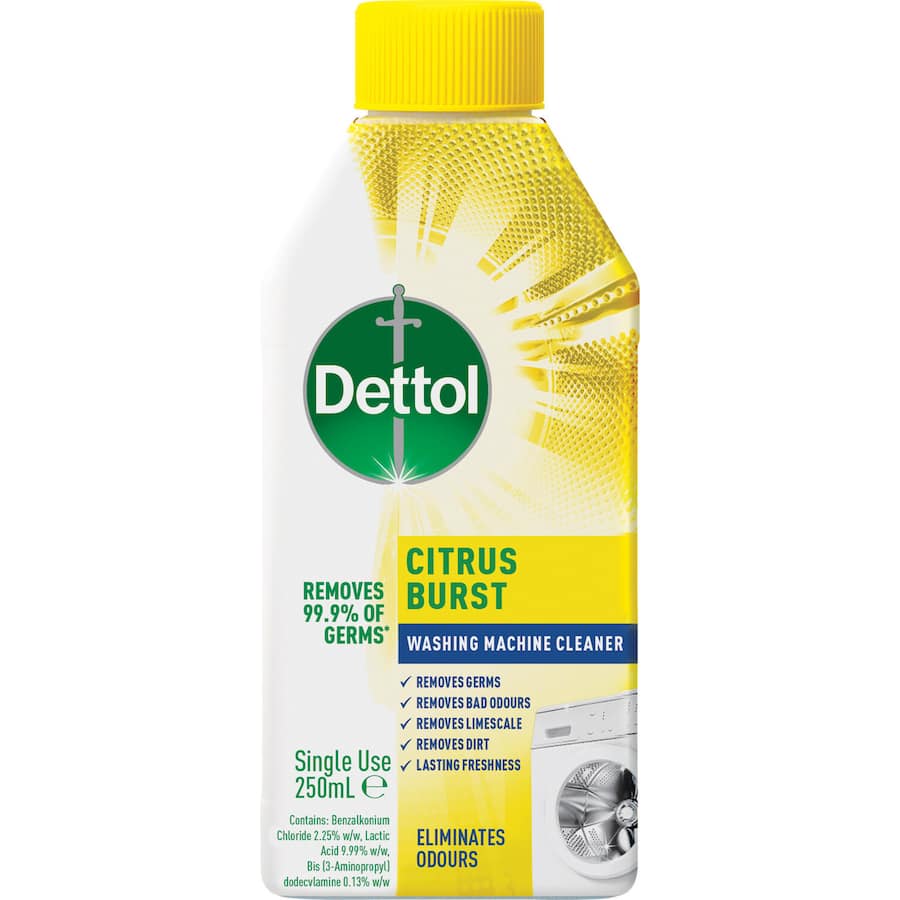 Dettol Antibacterial Washing Machine Cleaner in Citrus Burst, 5-in-1 formula for deep cleaning and hygiene in machines.