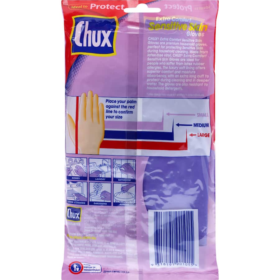 Chux Gloves Extra Comfort Medium feature durable vinyl, long cuffs, and soft moisture-absorbing lining for ultimate hand protection.