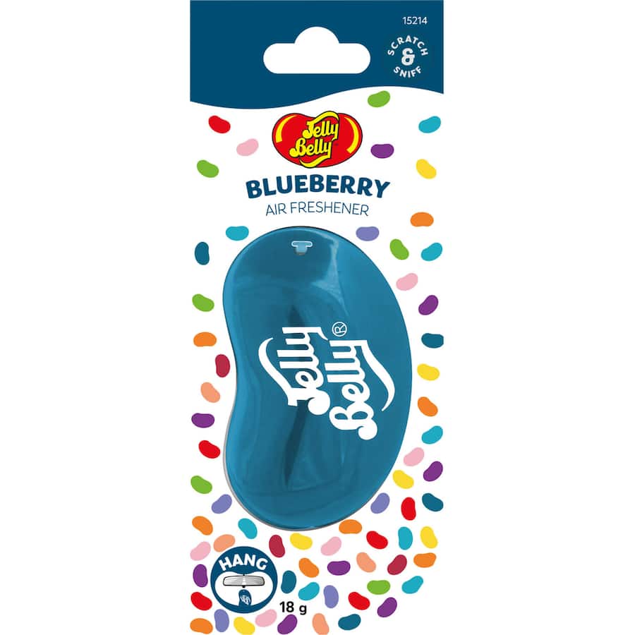 Eye-catching 3D Jelly Belly car freshener in blueberry scent, designed to eliminate odors and enhance your driving experience.