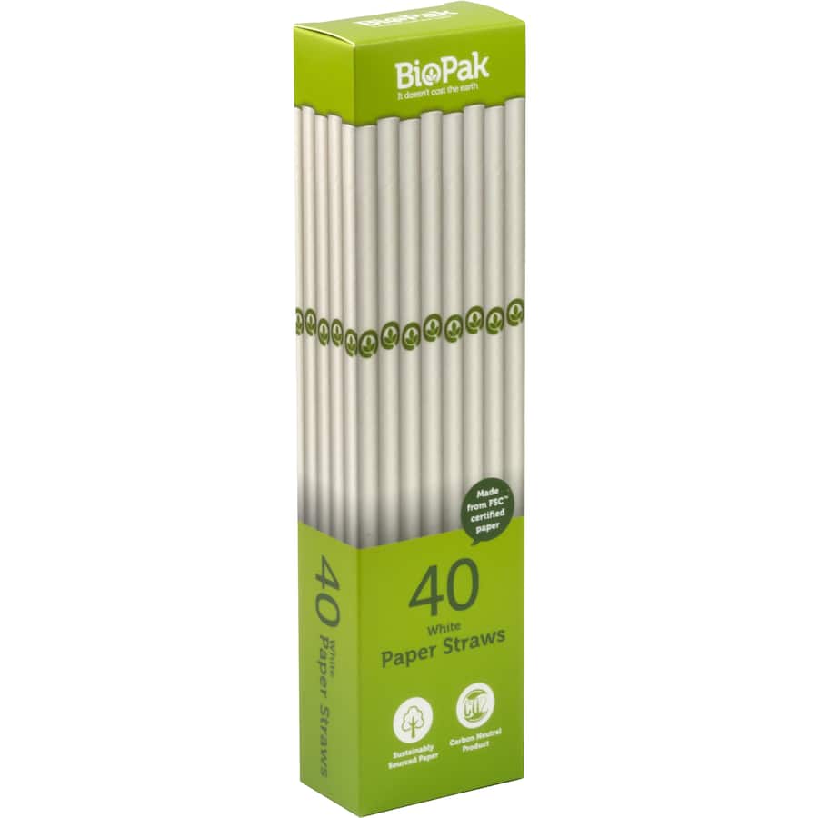 Biopak Straws Paper White: eco-friendly, biodegradable straws, perfect for drinks in cafes, restaurants, and home use.