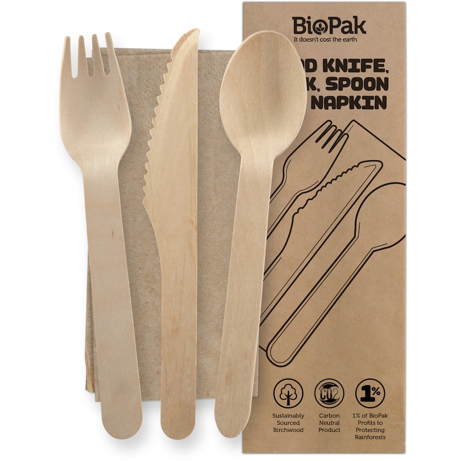Eco-friendly Biopak wooden cutlery set, lightweight and biodegradable, perfect for outdoor dining and picnics.
